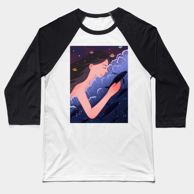 Healing girl space whale Baseball T-Shirt by Mako Design 